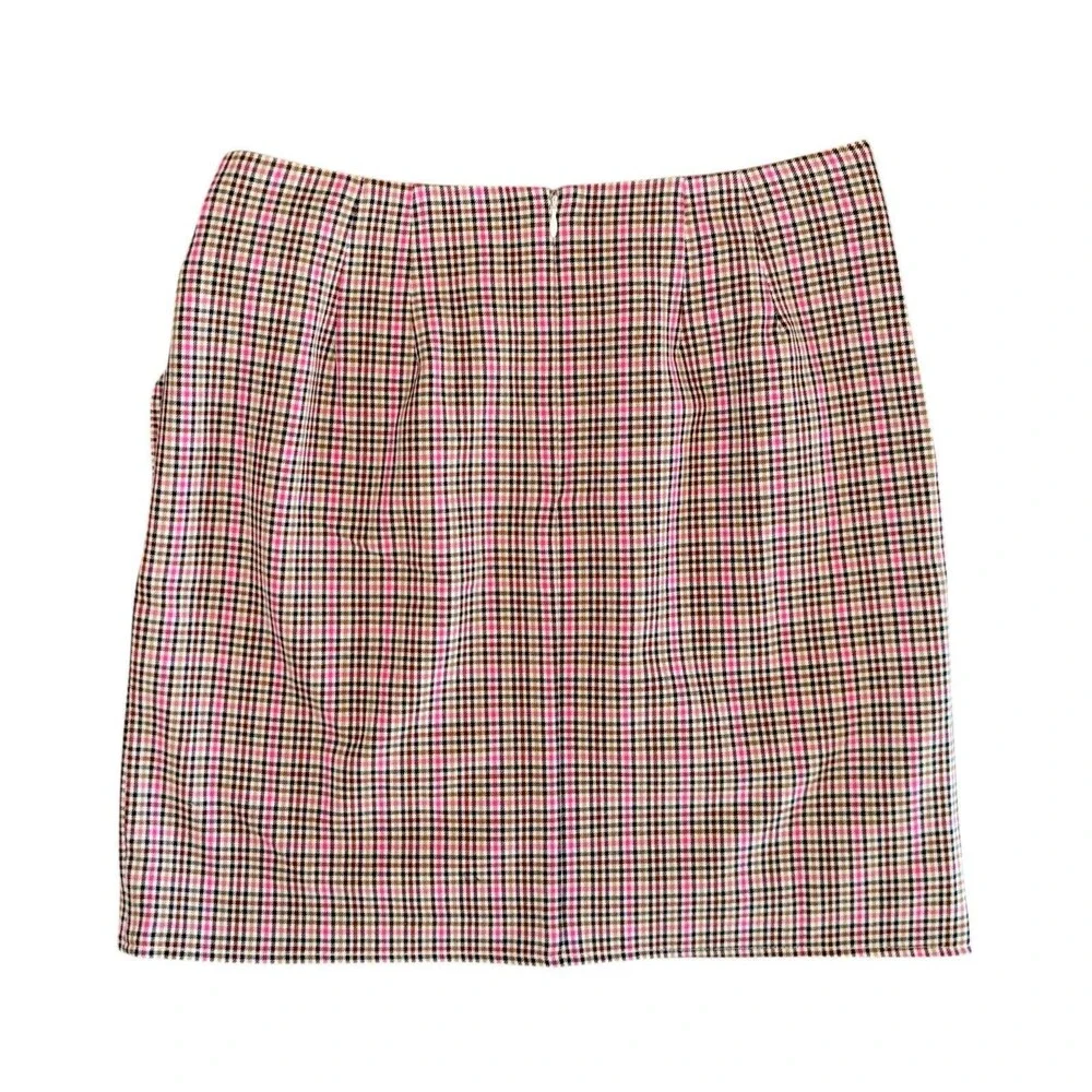 NWT LOFT Ann Taylor Pink Black Tan Plaid Tie Front Faux Wrap Mini Skirt Size 6